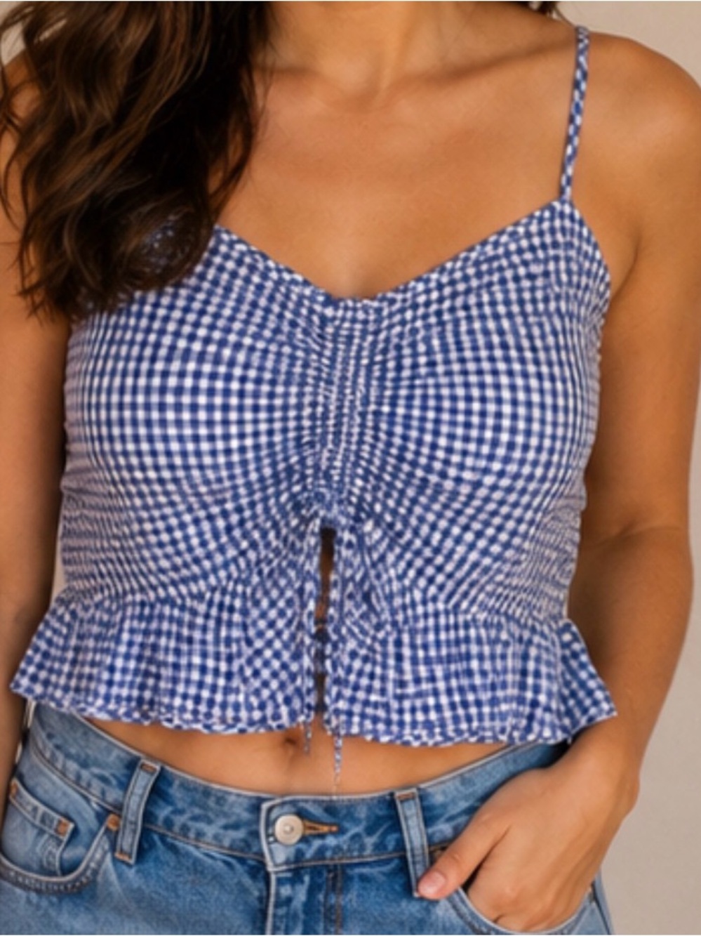 Sugarlips Blue and White Gingham Ruched Crop Camisole Size Small